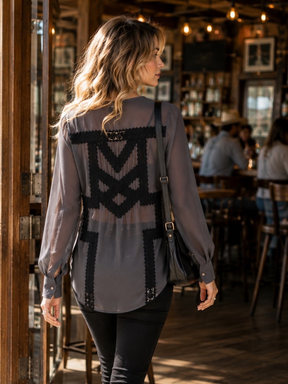 Artisan De Luxe Sheer Lace Inset Boho Blouse Romantic Western Goth Top Size S - Picture 3 of 6